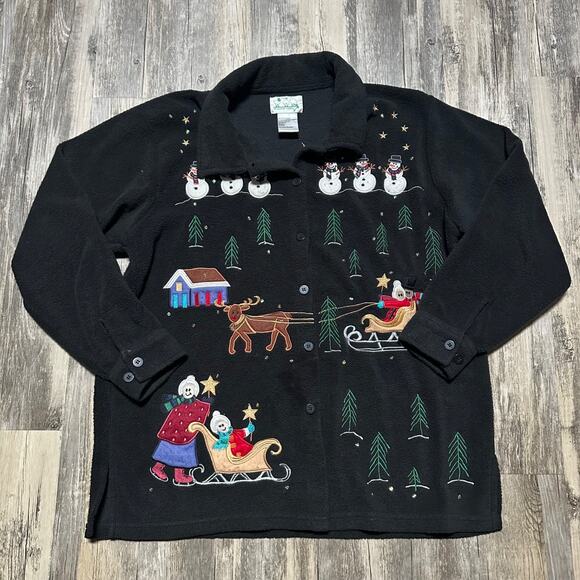 Quacker Factory Black Christmas Women's Large Fleece Jacket Shacket Snow Scene - Picture 1 of 6